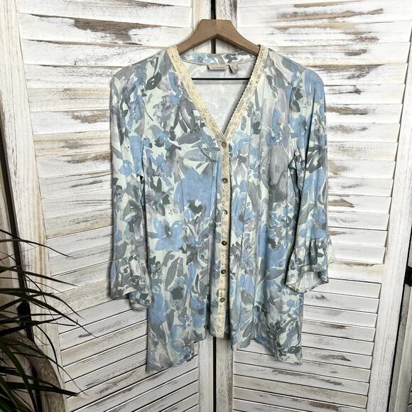 LOGO LORI GOLDSTEIN Women's Sm Rayon Button Cardigan Top Lace Ruffle Blue Cream - Picture 3 of 12